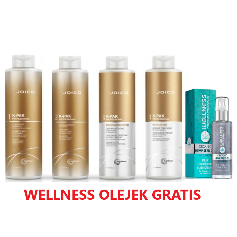 Joico K-Pak Zestaw do profesjonalnej odbudowy włosów 4 x1000 ml Wellnes serum głęboko nawilżające 100ml GRATIS