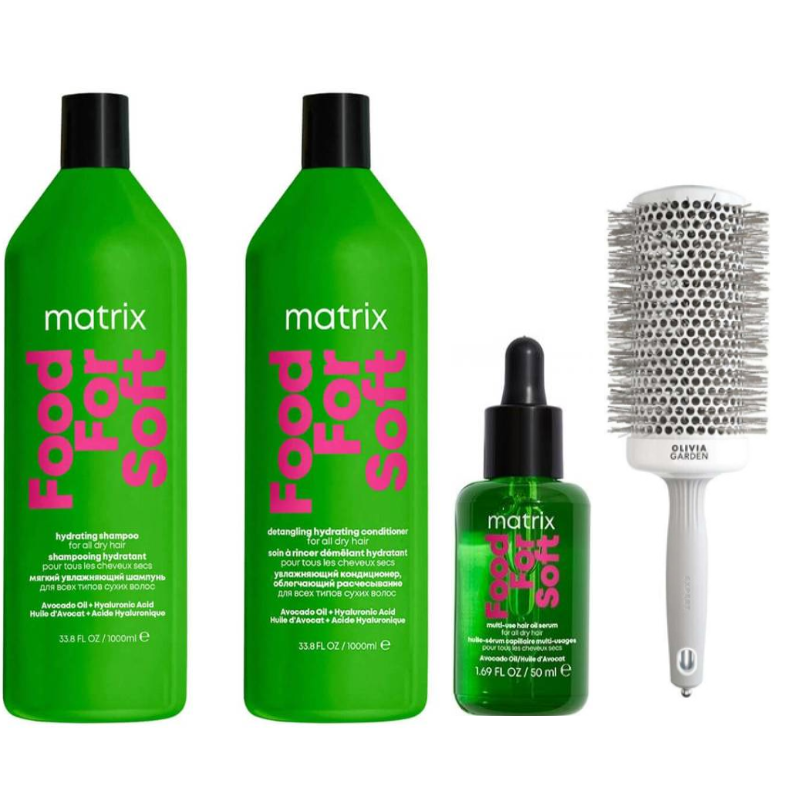 Matrix Food For zestaw nawilżający włosy Szampon 1000 ml Odżywka 1000 ml Olejek 50 ml + Olivia garden XL szczotka 65 mm